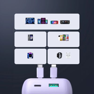 12. Mini powerbank Joyroom JR-PBC06 z wbudowanymi kablami USB-C / Lightning 30W 10000mAh - fioletowy