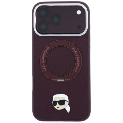 3. Etui Karl Lagerfeld with Ring Stand 360 Karl Head Pin MagSafe na iPhone 18 Pro / 17 Pro - burgundowe