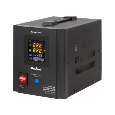 2. Zasilacz Awaryjny Rebel POWER-500 - przetwornica z czystym przebiegiem sinusoidalnym i funkcją ładowania  12V 230V 500VA/300W