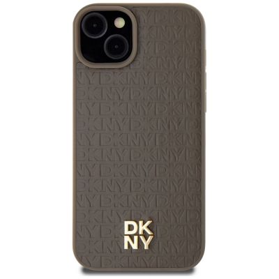 3. Etui DKNY Leather Pattern Metal Logo MagSafe na iPhone 15 Plus / 14 Plus - brązowe