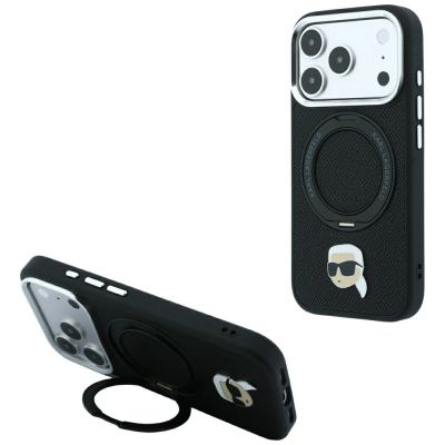 Etui Karl Lagerfeld with Ring Stand 360 Karl Head Pin MagSafe na iPhone 18 Pro / 17 Pro - czarne