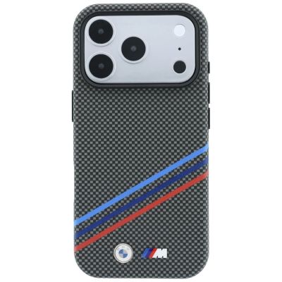 3. Etui BMW M Quadrille Kevlar Print Tricolor Lines & Metal Logo MagSafe na iPhone 18 Pro / 17 Pro - ciemnoszare
