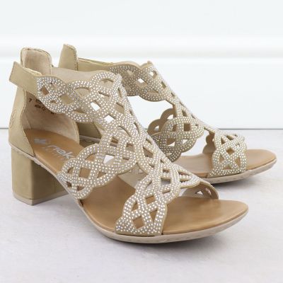 2. Sandały damskie na obcasie w cyrkonie beżowe Rieker 64773-61