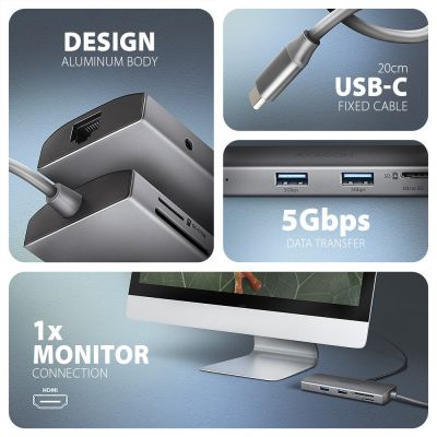4. AXAGON HMC-8HLSA Wieloportowy koncentrator USB-C 3.2 Gen 1, 3x USB-A + 4K/60Hz HDMI + SD/microSD, Gigabit LAN, Audio, PD 100W - Srebrny