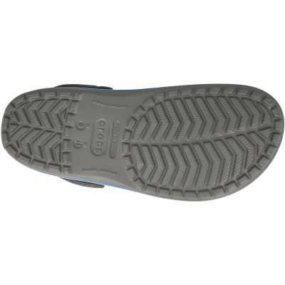 Klapki Crocs Crocband M 11016 w kolorze szarym z elementami w odcieniu białym i niebieskim, materiał Croslite, otwory na ozdoby Jibbitz