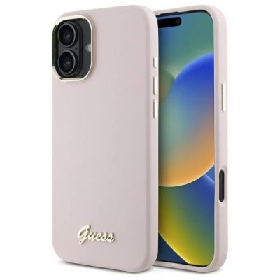 Etui Guess Silicone Script Metal Logo & Frame na iPhone 16 Plus - różowe