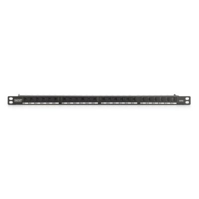 14. Digitus Panel krosowy (patch panel) high density 19'' 24x RJ45, LSA poziom, kat.6, nieekranowany, 0.5U, czarny, prowadnica kabli