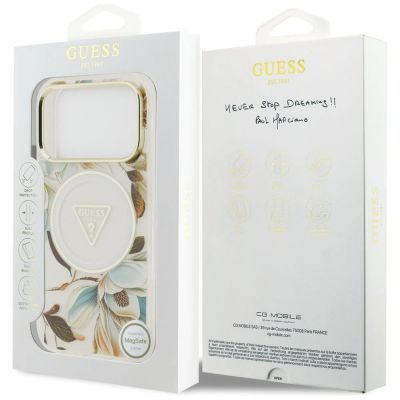 8. Etui Guess IML Glitter Flowers Triangle MagSafe na iPhone 18 Pro Max / 17 Pro Max - białe