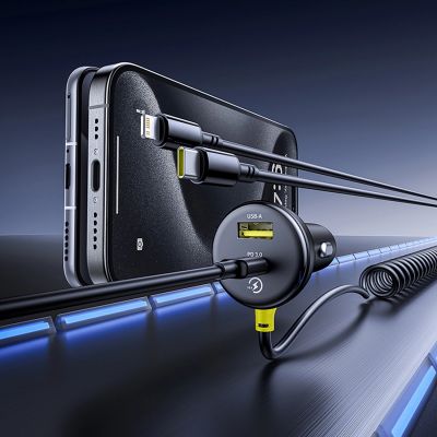 10. Ładowarka samochodowa Baseus Circular 60W USB-A + USB-C z wbudowanym kablem Lightning + USB-C 1,4 m - czarna