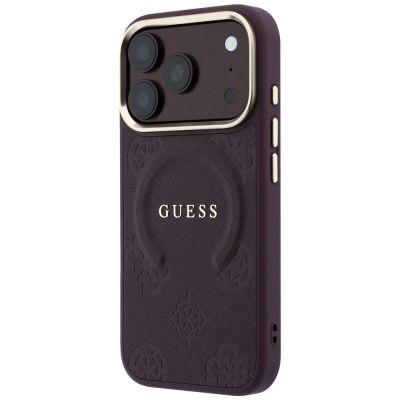 2. Etui Guess Saffiano Peony & Ring MagSafe na iPhone 17 Pro Max / 18 Pro Max - burgundowe