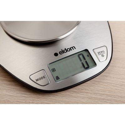 5. ELDOM WAGA KUCHENNA ELEKTRONICZNA WK320S RENA DOKŁADNOSĆ 1 G WAŻY DO 5 KG WYŚWIETLACZ LED STALOWA Z MISKĄ