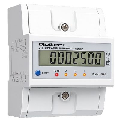 16. Qoltec 50980 Trójfazowy elektroniczny licznik z resetem | miernik zużycia energii na szynę DIN | 400V | 100A | LCD | LED | 4P