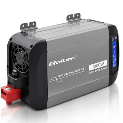 6. Qoltec Przetwornica napięcia Pure Sine Wave | 12V na 230V | 500/1000W | LCD | USB | USB-C | Kompatibilność z LiFePo4 GEL AGM