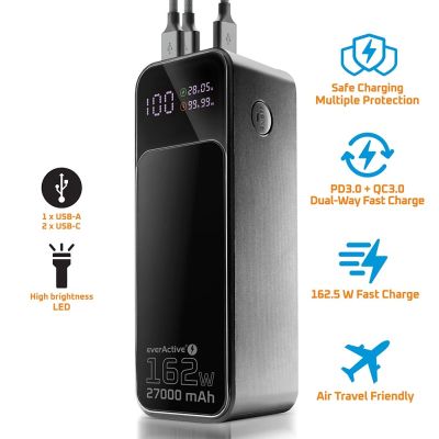 11. EVERACTIVE POWERBANK 27 000MAH, 1X USB, 2X USB-C, 162,5W, QC4+, WBUDOWANA LATARKA, WYŚWIETLACZ LCD, CZARNY EB-27Q