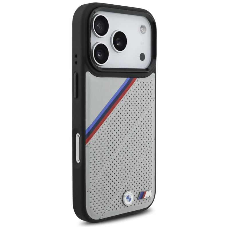 4. Etui BMW M Tricolor Metal Logo MagSafe do iPhone 17 Pro - szare