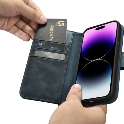13. iCarer Oil Wax Wallet Case 2in1 etui iPhone 14 Pro Max skórzany pokrowiec z klapką Anti-RFID niebieski (WMI14220724-BU)