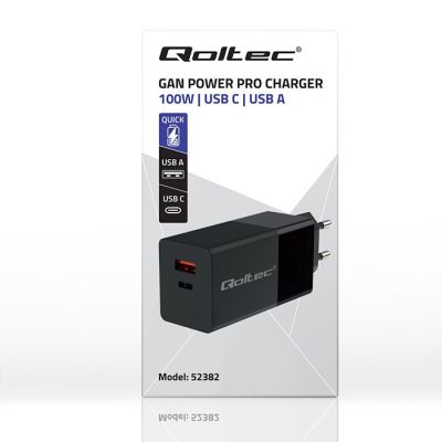 3. QOLTEC ŁADOWARKA GAN POWER PRO | 1XUSB-C | 1XUSB | 100W | 5-20V | 1.5-5A | PD | CZARNA
