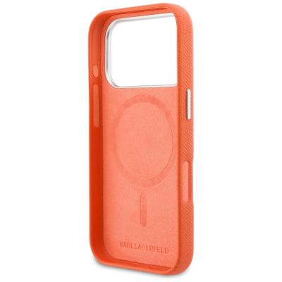7. Etui Karl Lagerfeld Karl & Choupette Head Pins Saffiano MagSafe na iPhone 17 Pro - pomarańczowe