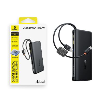 7. Powerbank Baseus EnerFill FC41 20000mAh 100W z wyświetlaczem cyfrowym i wbudowanym podwójnym kablem USB-C - czarny