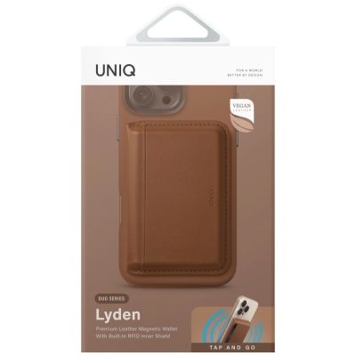 4. Portfel magnetyczny RFID UNIQ Lyden DS ze stojakiem na telefon - brązowy
