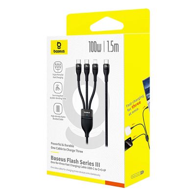 7. Kabel 3w1 Baseus Flash Series 3 100W USB-C - USB-C+USB-C+Lightning 1,5m + 3 x 0,25 m - czarny