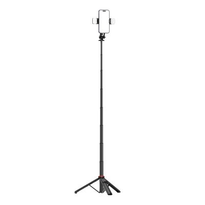 19. Selfie stick WC12YDS teleskopowy tripod 1.3m ze stopu aluminium z podwójną lampą i uchwytem na telefon - czarny