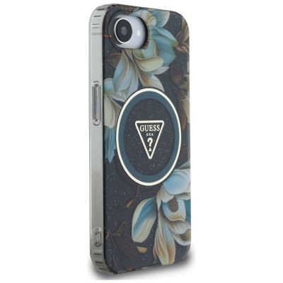 4. Etui Guess IML Metal Glitter Flowers Triangle MagSafe na iPhone 16e - czarne