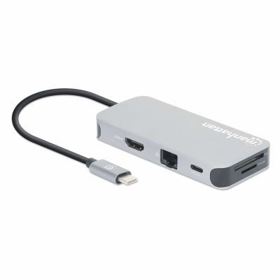 2. Stacja dokująca MANHATTAN USB-C 8 w 1 z zasilaniem USB 3.2 Gen 1 Type-C męski na żeński HDMI, trzy porty USB-A, gigabitowy port RJ45, port USB-C Power Delivery, czytnik kart SD/MicroSD, aluminium, gwiezdna szarość (13061)