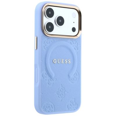 4. Etui Guess Saffiano Peony & Ring MagSafe na iPhone 17 Pro / 18 Pro - jasnoniebieskie