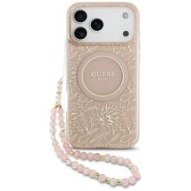 Etui Guess IML Flowers Electro Pearl Strap MagSafe do iPhone 17 Pro Max - różowe