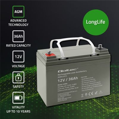 2. Qoltec  Akumulator AGM | 12V | 36Ah | Bezobsługowy | Wydajny | LongLife | do UPS, skutera