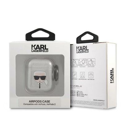 3. Etui Karl Lagerfeld Glitter Karl's Head na AirPods 1/2 - srebrne
