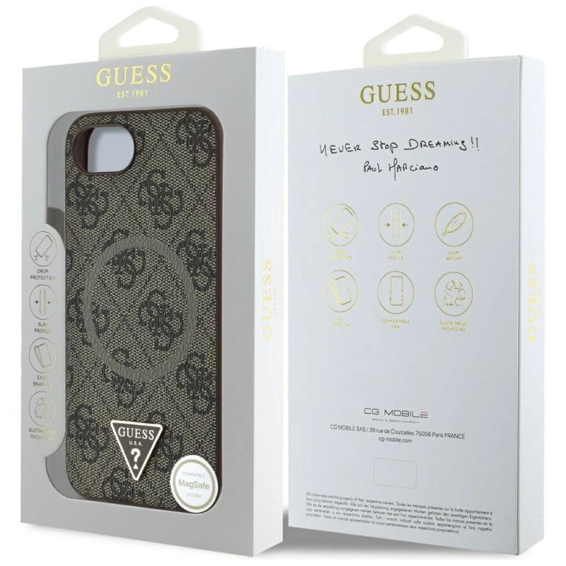 8. Etui Guess 4G Ring Triangle Logo MagSafe na iPhone 16e - brązowe