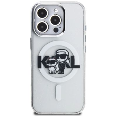 3. Etui Karl Lagerfeld IML Glitter Karl & Choupette Sketch Logo MagSafe na iPhone 16 Pro - przezroczyste