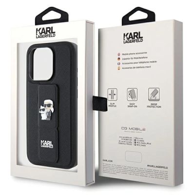8. Etui Karl Lagerfeld Gripstand Saffiano Karl&Choupette Pins na iPhone 13 Pro / 13 - czarne