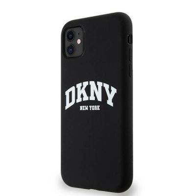 7. Etui DKNY Liquid Silicone White Printed Logo MagSafe na iPhone 11 / Xr - czarne
