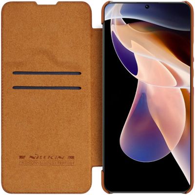 7. Nillkin Qin Case etui do Xiaomi Redmi Note 11 Pro+ (China) / Redmi Note 11 Pro (China) / Mi11i HyperCharge osłona na aparat kabura pokrowiec obudowa z klapką brązowy