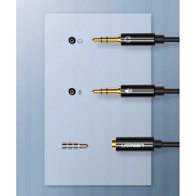 6. Ugreen kabel rozdzielacz AUX 3,5 mm mini jack (żeński) - 2x 3,5 mm mini jack (męski - mikrofon i słuchawki) czarny (AV140 20899)