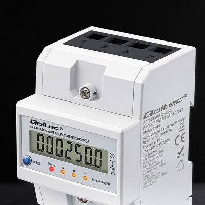 9. Qoltec 50980 Trójfazowy elektroniczny licznik z resetem | miernik zużycia energii na szynę DIN | 400V | 100A | LCD | LED | 4P