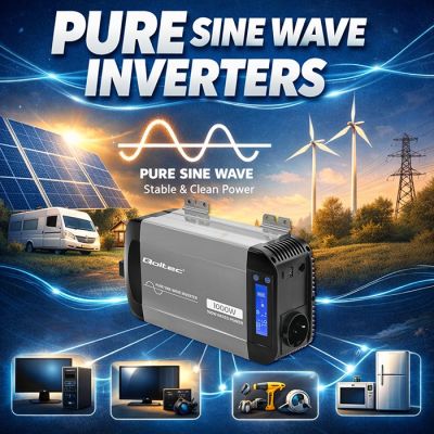 7. Qoltec Przetwornica napięcia Pure Sine Wave | 12V na 230V | 500/1000W | LCD | USB | USB-C | Kompatibilność z LiFePo4 GEL AGM