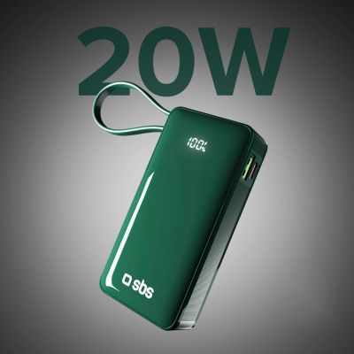 4. Powerbank SBS 10000 mAh 20W z wbudowanym kablem USB-C i wyświetlaczem cyfrowym - zielony
