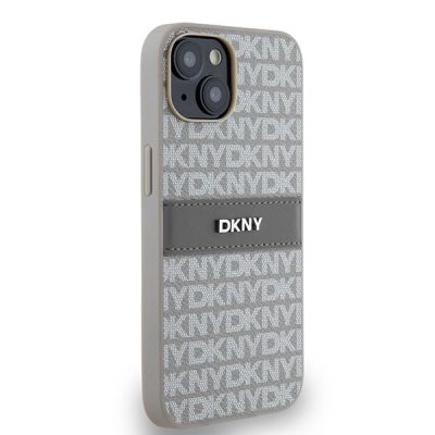 4. Etui DKNY Leather Mono Stripe & Metal Logo na iPhone 15 / 14 / 13 - beżowe