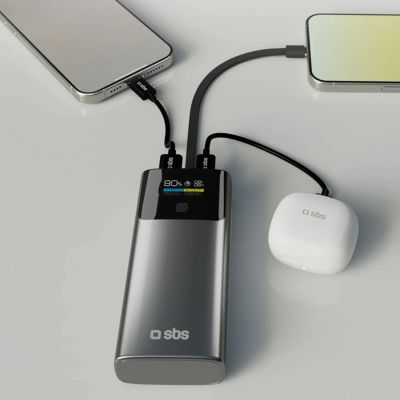 9. Powerbank SBS 10000mAh PD 20W z wyświetlaczem LCD i wbudowanym kablem USB-C - szary