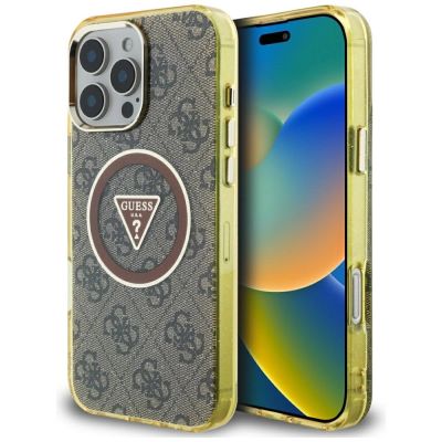 Etui Guess IML Metal Glitter 4G Circle Triangle MagSafe na iPhone 16 Pro - brązowe