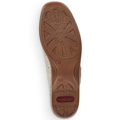 18. Skórzane półbuty damskie na rzep ażurowe beżowe Rieker 41399-14