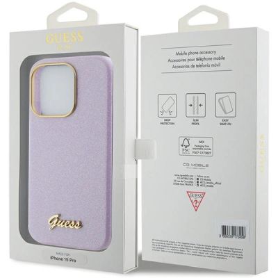 8. Etui Guess Glitter Glossy Script do iPhone 15 Pro Max - liliowe