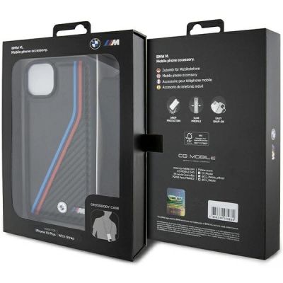 7. Etui BMW M Edition Carbon Tricolor Lines & Strap na iPhone 15 Plus / 14 Plus - czarne
