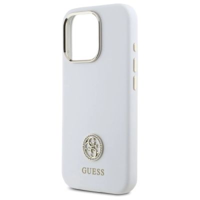6. Etui Guess Silicone Logo Strass 4G na iPhone 16 Pro - białe