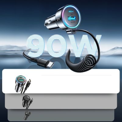 6. Ładowarka samochodowa 3w1 Joyroom JR-CL07 72W z kablem USB-C 1.6m – czarna