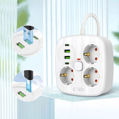3. Listwa zasilająca Tech-Protect PCS3X4, 3 gniazda sieciowe, 2xUSB-A, 2xUSB-C 200 cm - biała